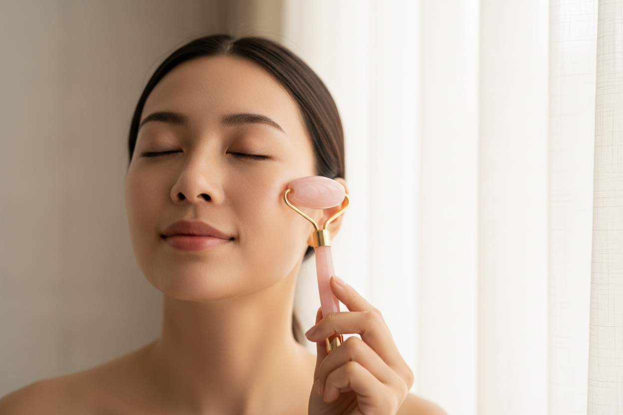 Mach eine Frau mit nicht viel Hintergrund die einen pinken jade Roller benutzt für Gesicht und am Gesicht 